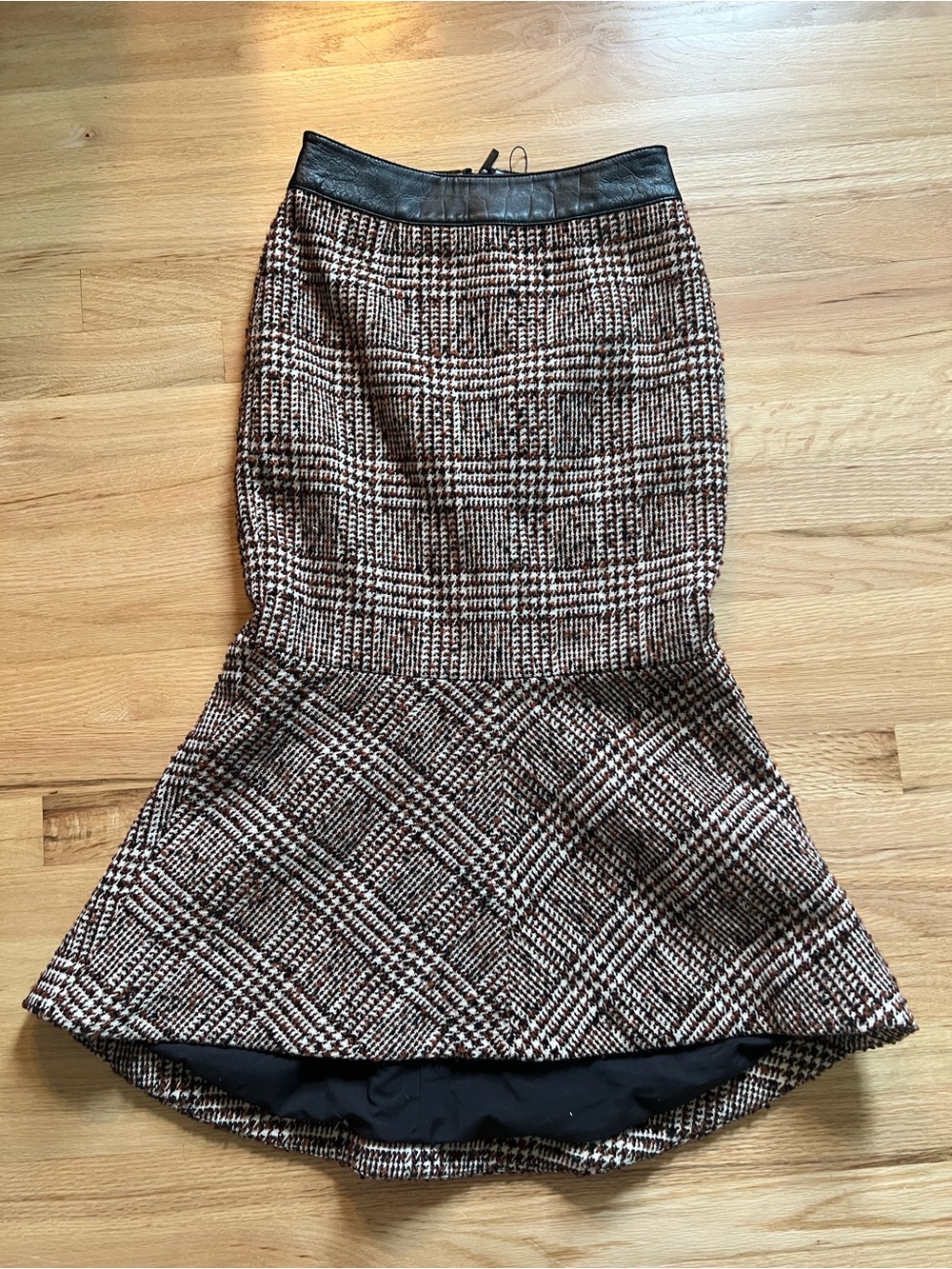 J. Dosi Plaid Midi Mermaid Skirt with Faux Leather Waistband